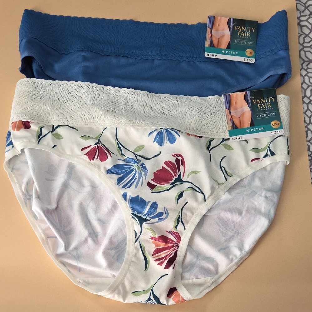 Vanity Fair Effortless Blue and Floral Hipster Panties Set of 2 Size 8 XL